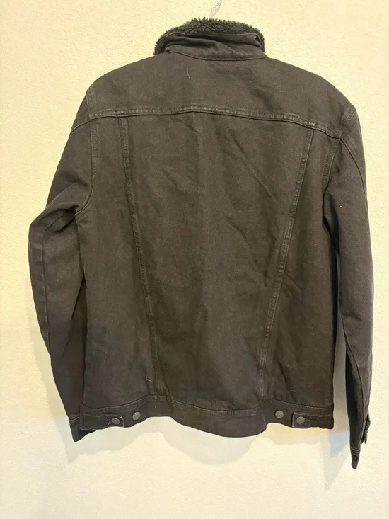 Old Navy Sherpa Lined Black Denim Jacket Mens M Tall Plaid Flannel Trucker Coat - Picture 11 of 12